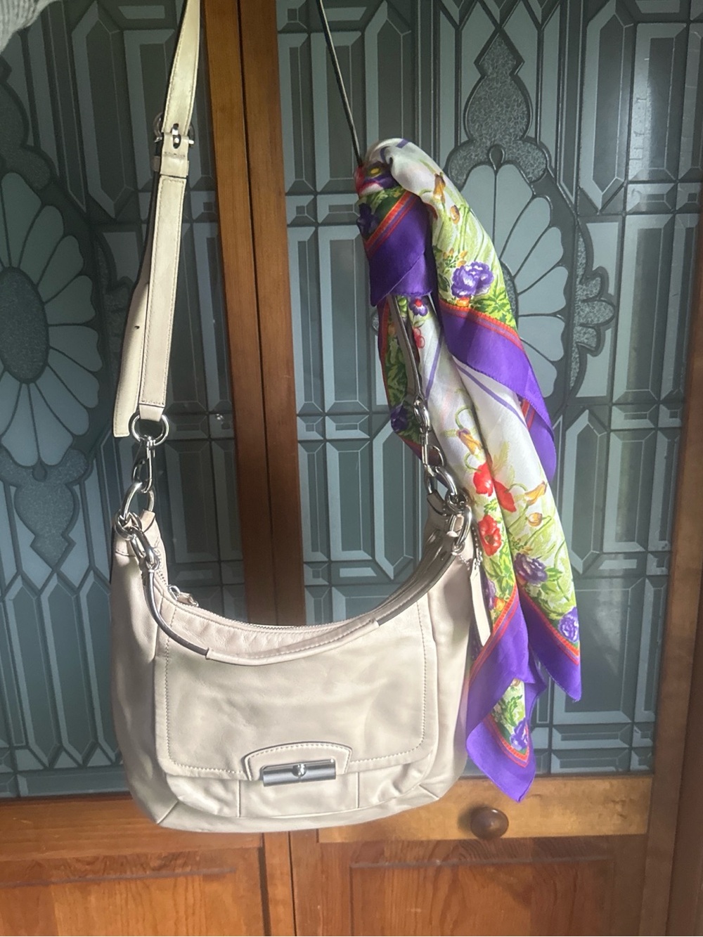 Cream Women's Shoulder Bag with Floral Scarf